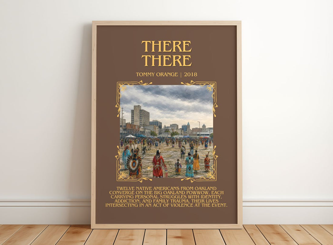 There There Minimalist Book Poster by Tommy Orange – framed print leaning on a wooden floor