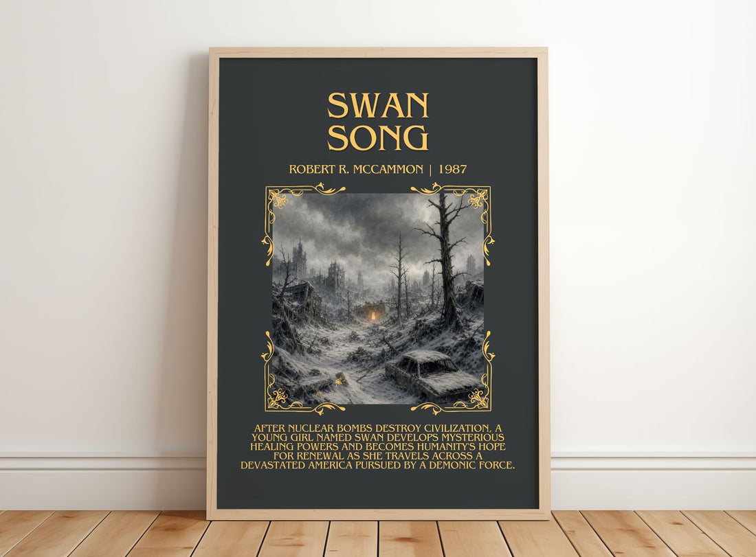 Swan Song Minimalist Book Poster by Robert R. McCammon – framed print leaning on a wooden floor