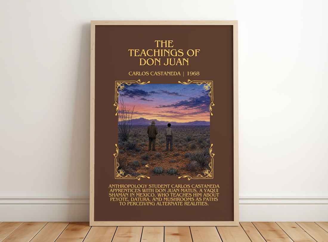 The Teachings Of Don Juan Minimalist Book Poster by Carlos Castaneda – framed print leaning on a wooden floor