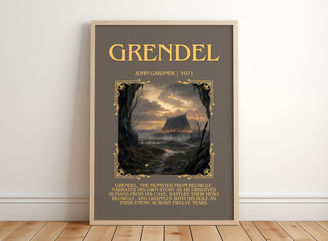 Grendel Minimalist Book Poster by John Gardner – framed print leaning on a wooden floor
