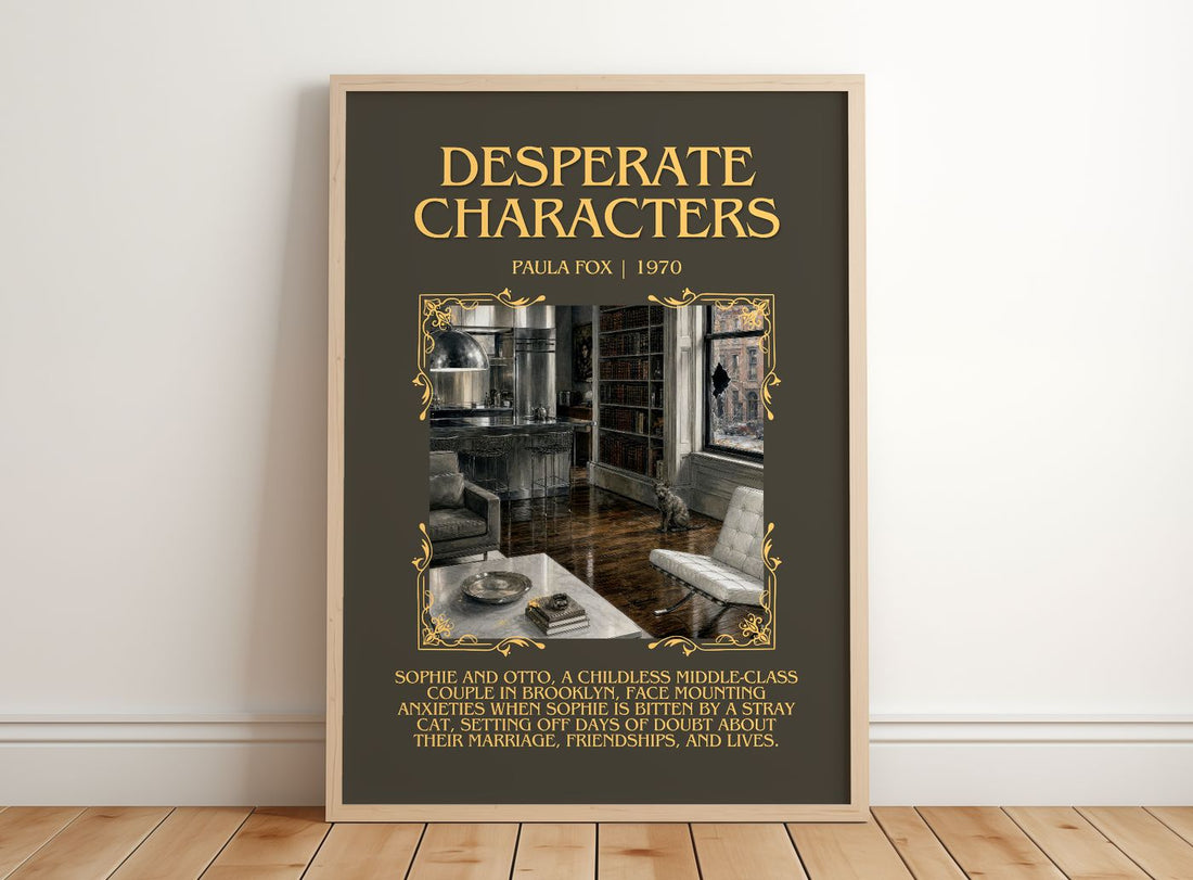 Desperate Characters Minimalist Book Poster by Paula Fox – framed print leaning on a wooden floor