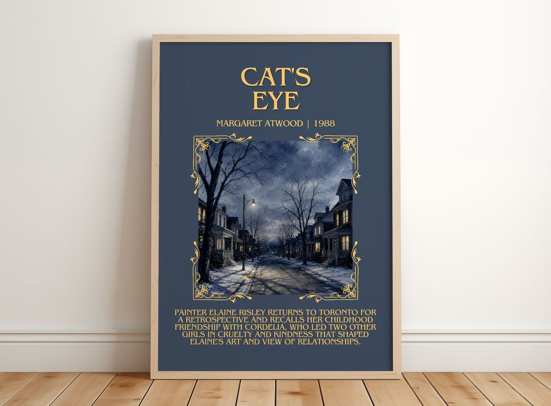 Cat's Eye Minimalist Book Poster by Margaret Atwood – framed print leaning on a wooden floor