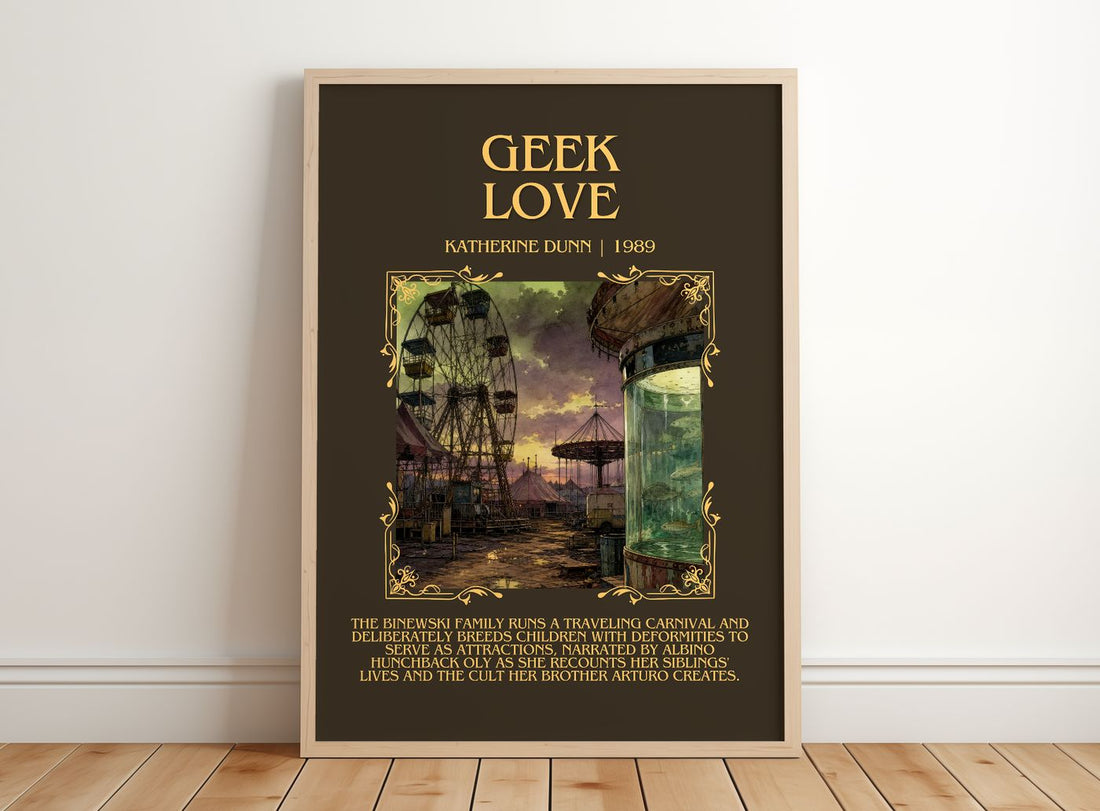Geek Love Minimalist Book Poster by Katherine Dunn – framed print leaning on a wooden floor