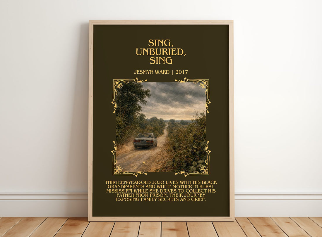 Sing, Unburied, Sing Minimalist Book Poster by Jesmyn Ward – framed print leaning on a wooden floor