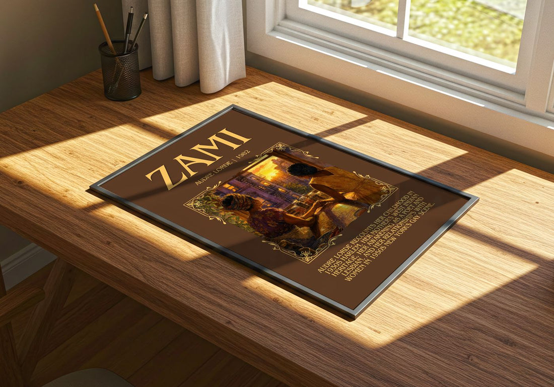 Zami Minimalist Book Poster by Audre Lorde – print on a sunlit desk