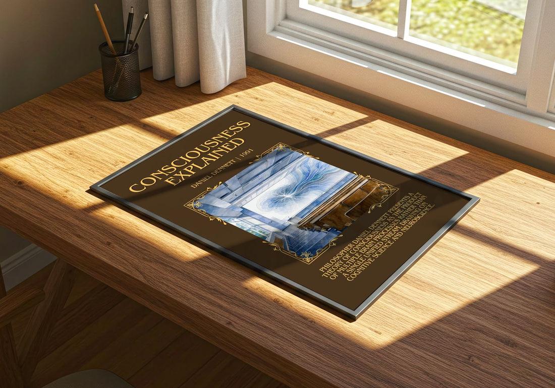 Consciousness Explained Minimalist Book Poster by Daniel Dennett – print on a sunlit desk