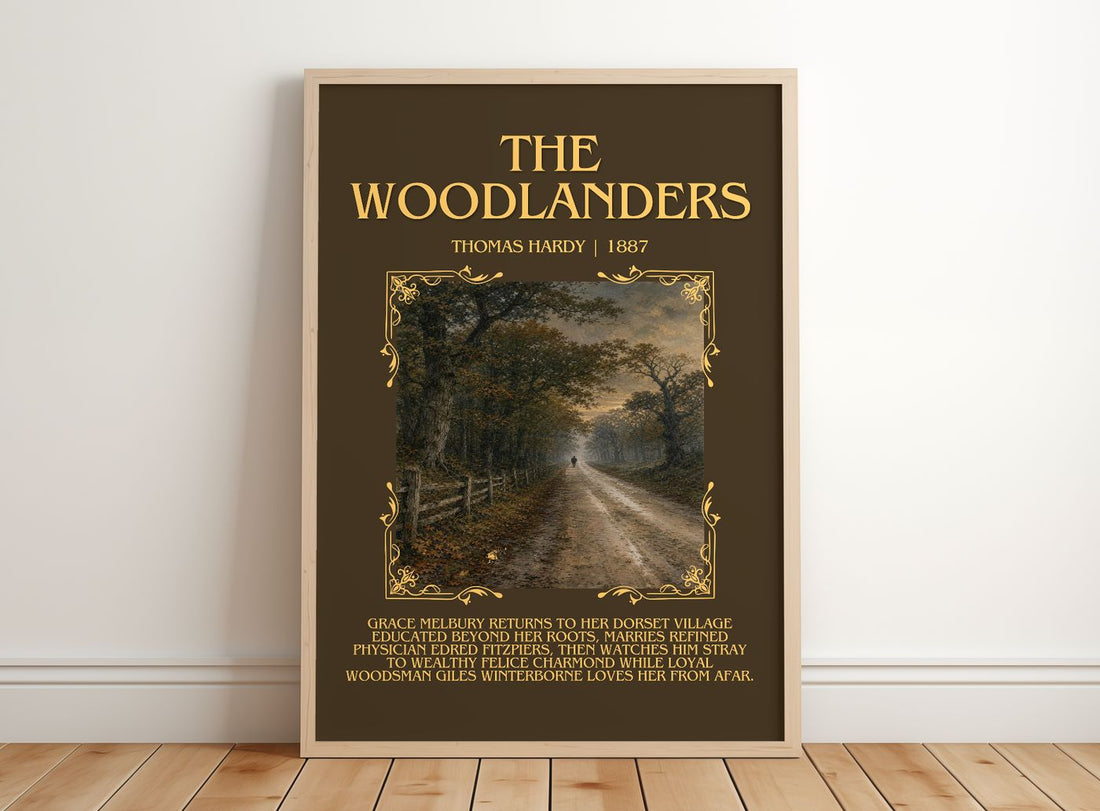 The Woodlanders Minimalist Book Poster by Thomas Hardy – framed print leaning on a wooden floor