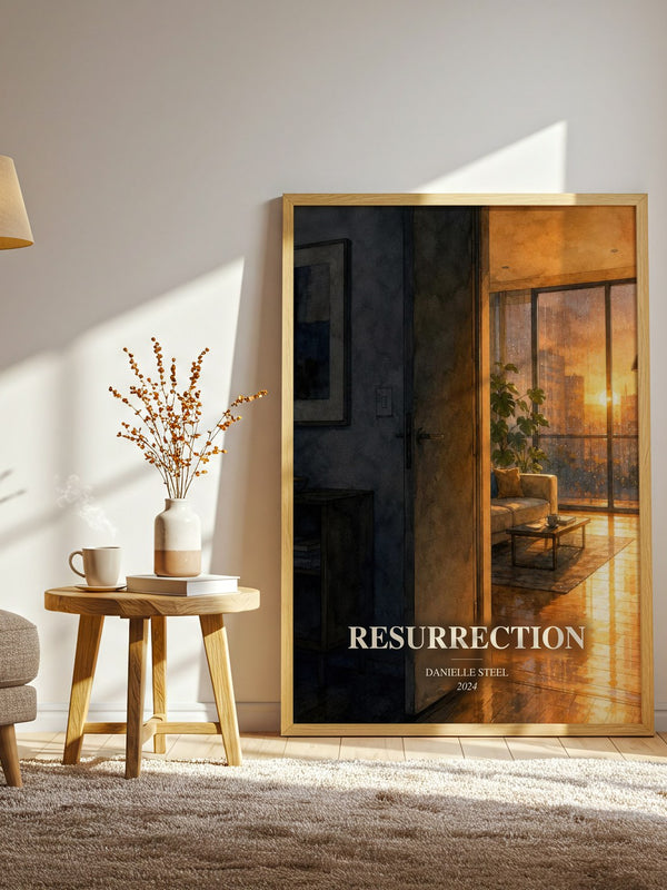 Resurrection watercolour print in frame leaning in hallway – contemporary fiction wall art