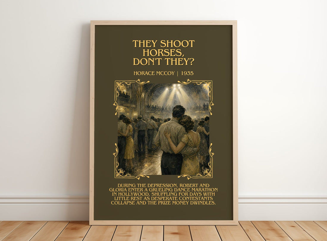 They Shoot Horses, Don't They? Minimalist Book Poster by Horace McCoy – framed print leaning on a wooden floor