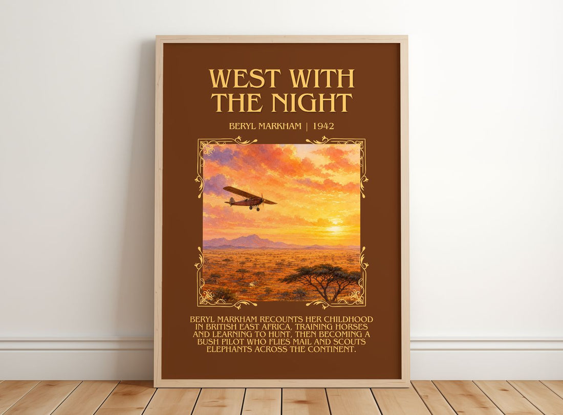West With the Night Minimalist Book Poster by Beryl Markham – framed print leaning on a wooden floor