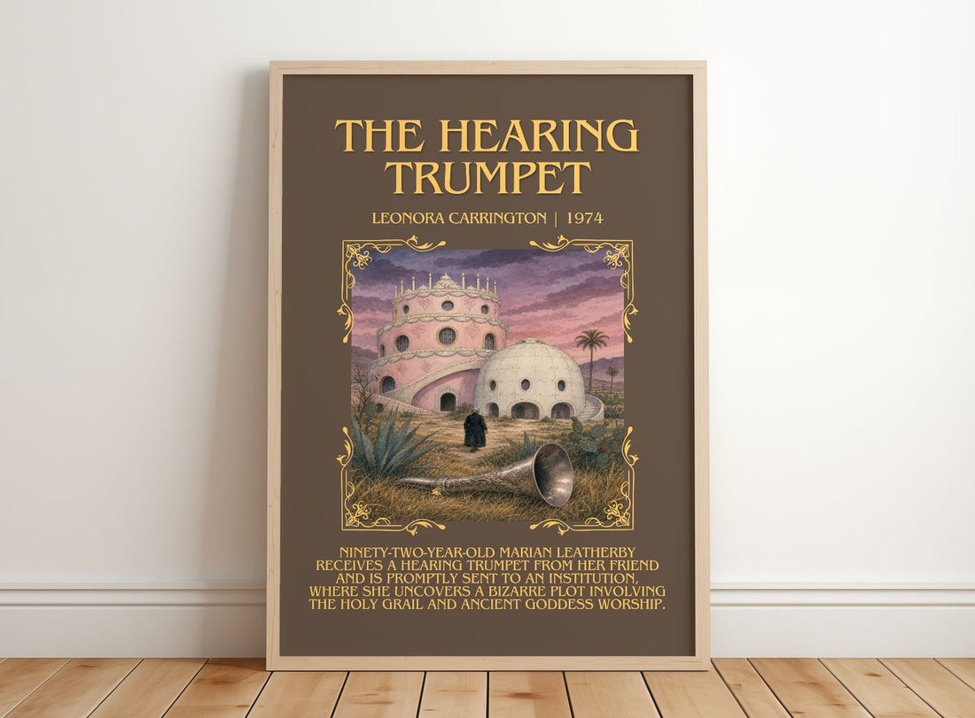 The Hearing Trumpet Minimalist Book Poster by Leonora Carrington – framed print leaning on a wooden floor