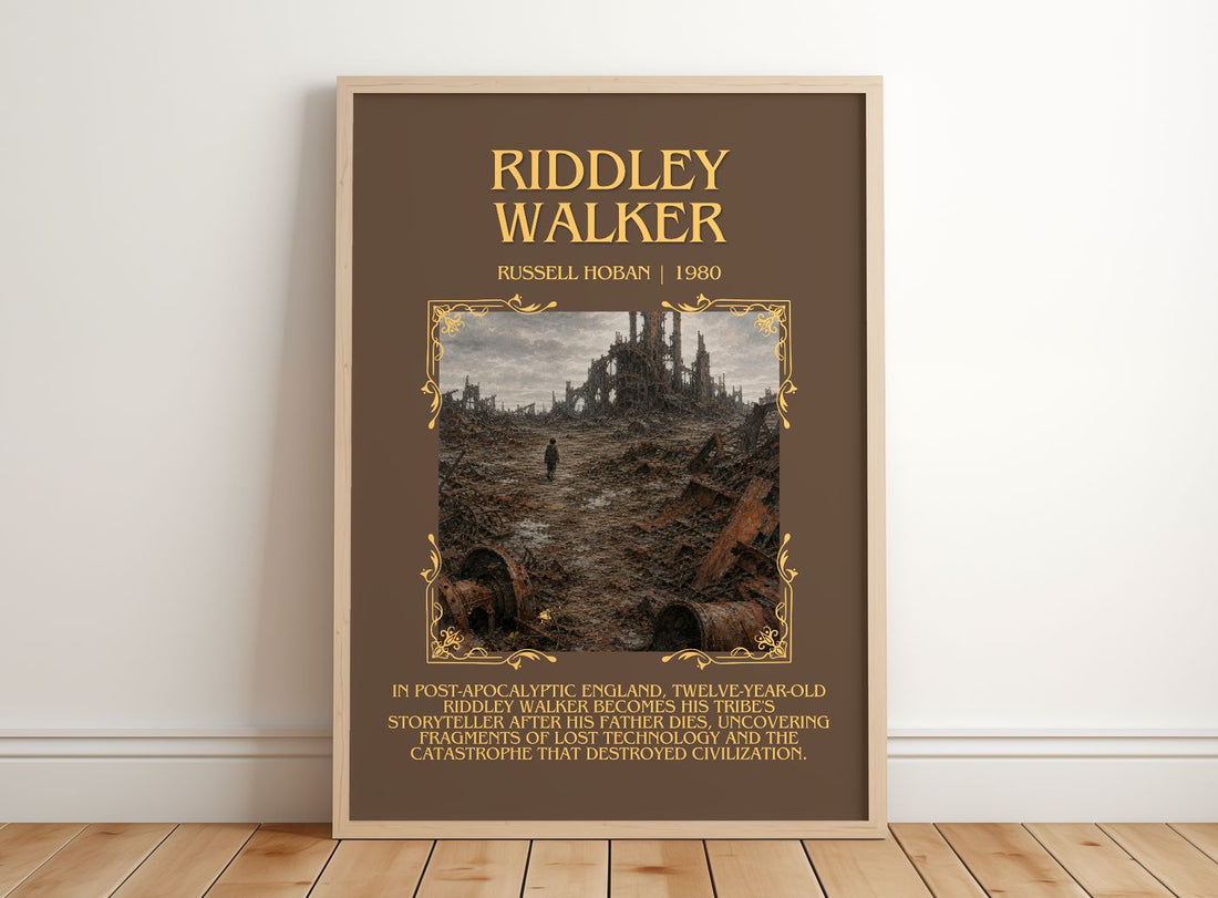 Riddley Walker Minimalist Book Poster by Russell Hoban – framed print leaning on a wooden floor