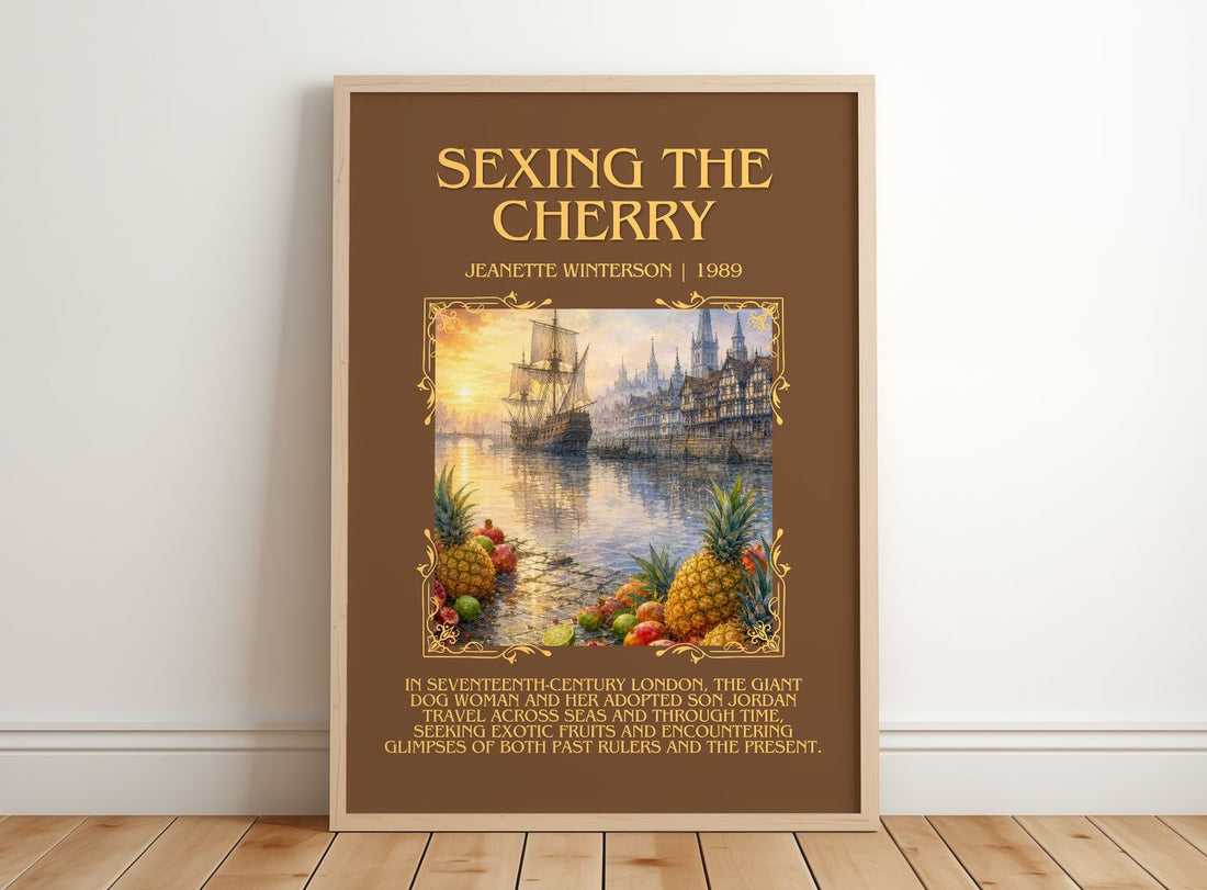 Sexing the Cherry Minimalist Book Poster by Jeanette Winterson – framed print leaning on a wooden floor