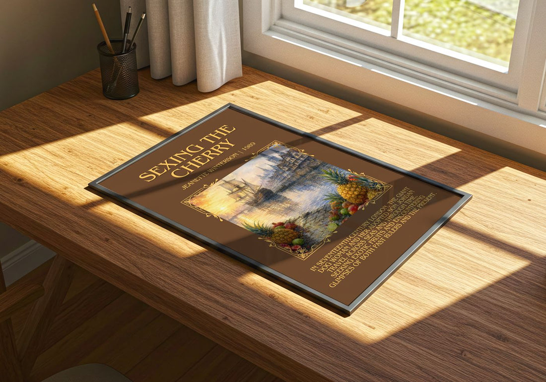 Sexing the Cherry Minimalist Book Poster by Jeanette Winterson – print on a sunlit desk