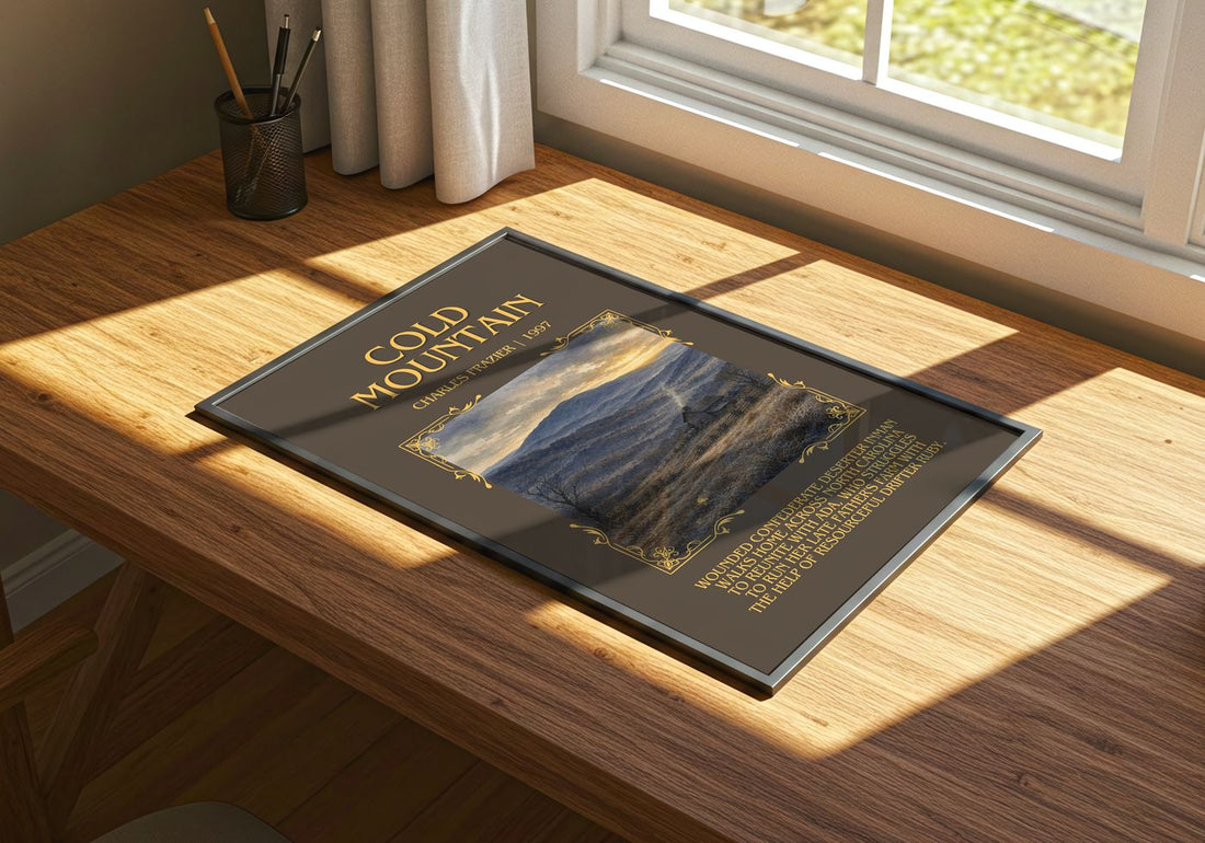 Cold Mountain Minimalist Book Poster by Charles Frazier – print on a sunlit desk