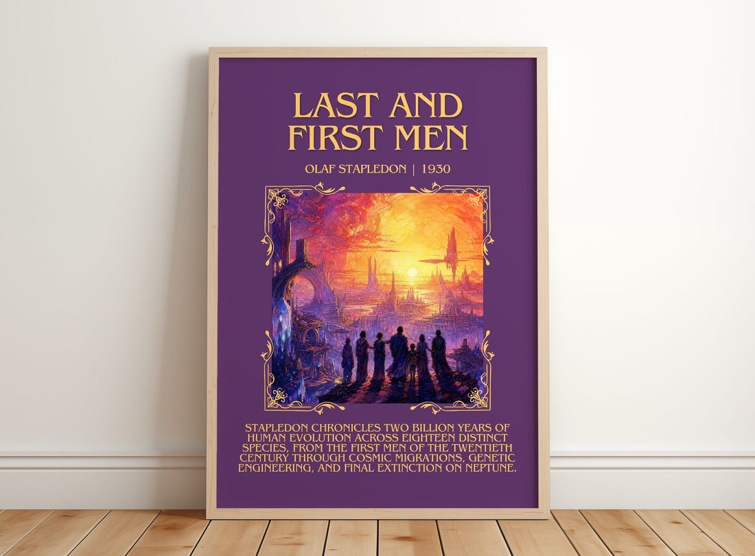 Last And First Men Minimalist Book Poster by Olaf Stapledon – framed print leaning on a wooden floor