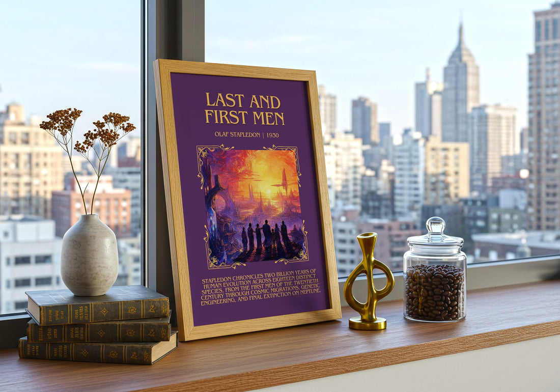 Last And First Men Minimalist Book Poster by Olaf Stapledon – framed print on a city-view windowsill