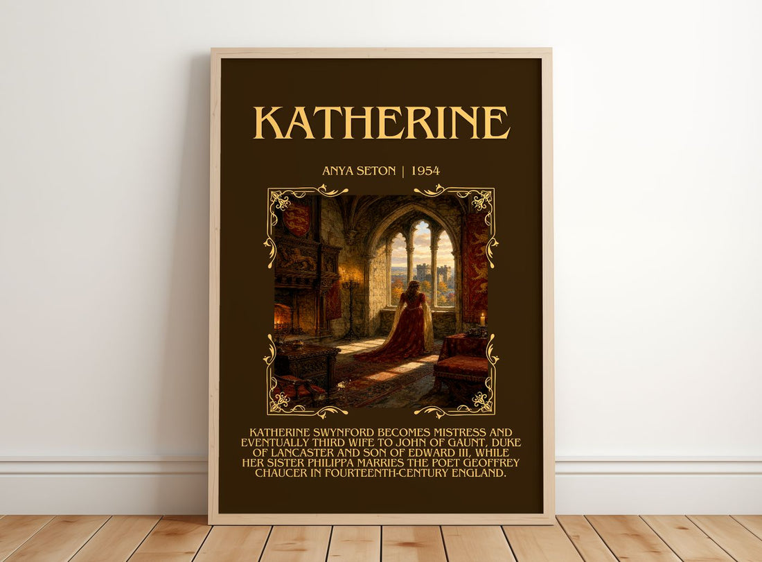 Katherine Minimalist Book Poster by Anya Seton – framed print leaning on a wooden floor