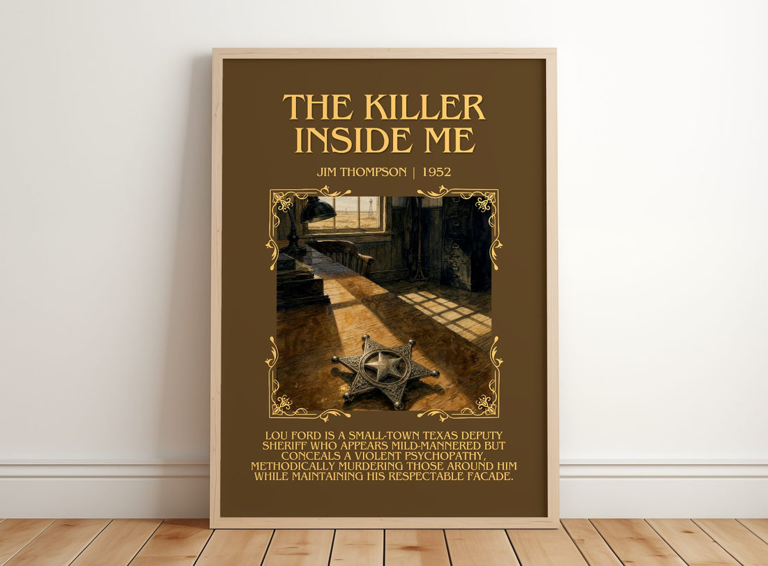 The Killer Inside Me Minimalist Book Poster by Jim Thompson – framed print leaning on a wooden floor