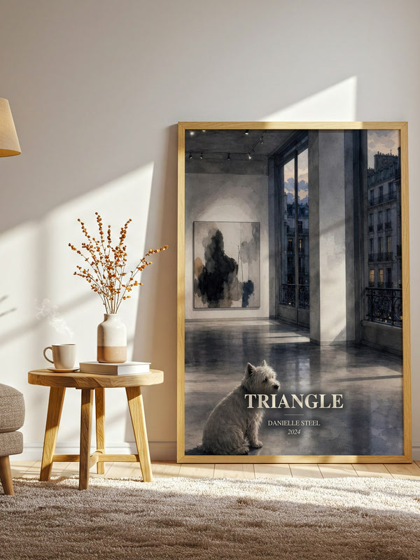 Triangle watercolour print in frame leaning in hallway – contemporary fiction wall art