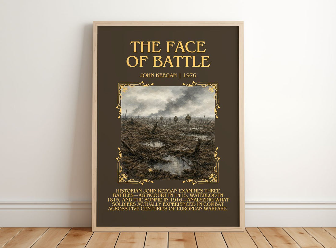 The Face of Battle Minimalist Book Poster by John Keegan – framed print leaning on a wooden floor