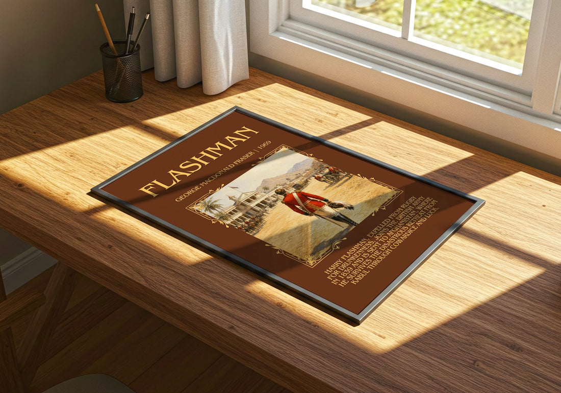 Flashman Minimalist Book Poster by George MacDonald Fraser – print on a sunlit desk