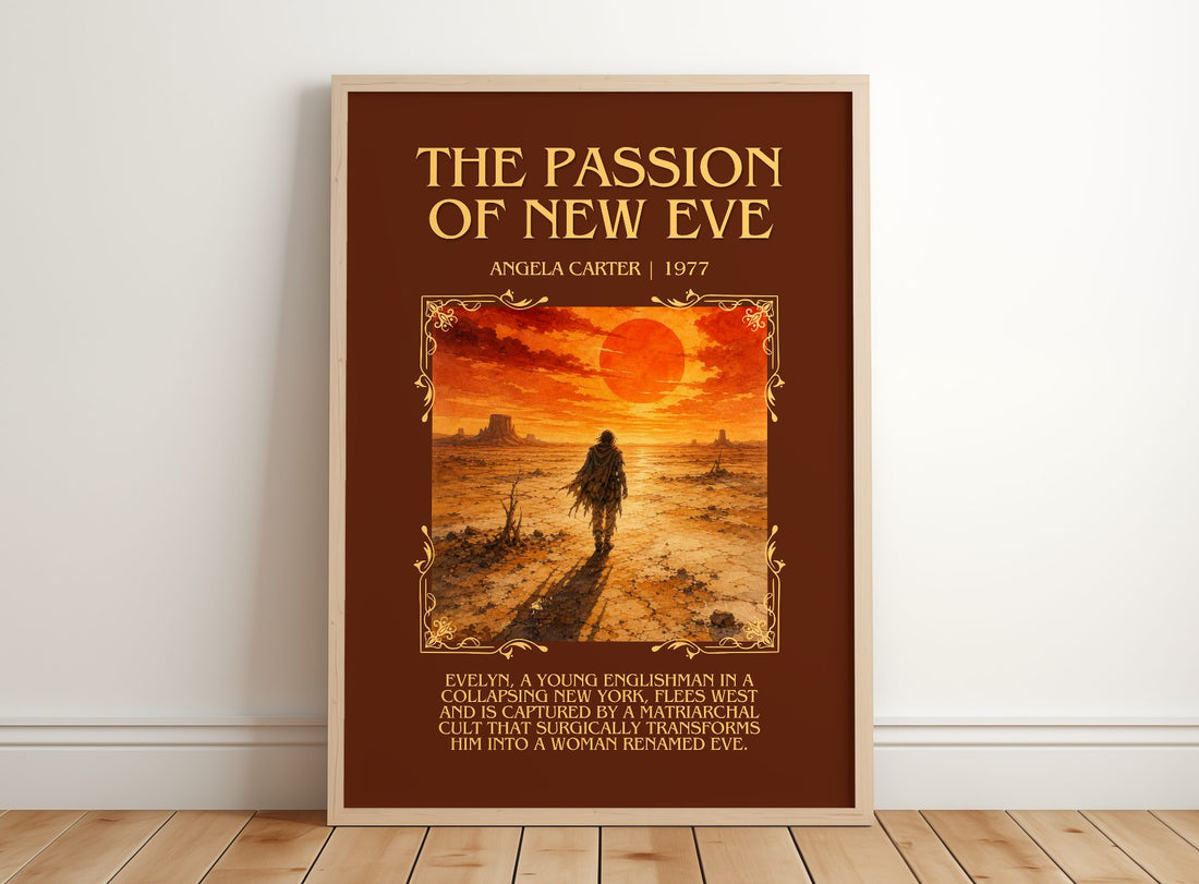 The Passion Of New Eve Minimalist Book Poster by Angela Carter – framed print leaning on a wooden floor