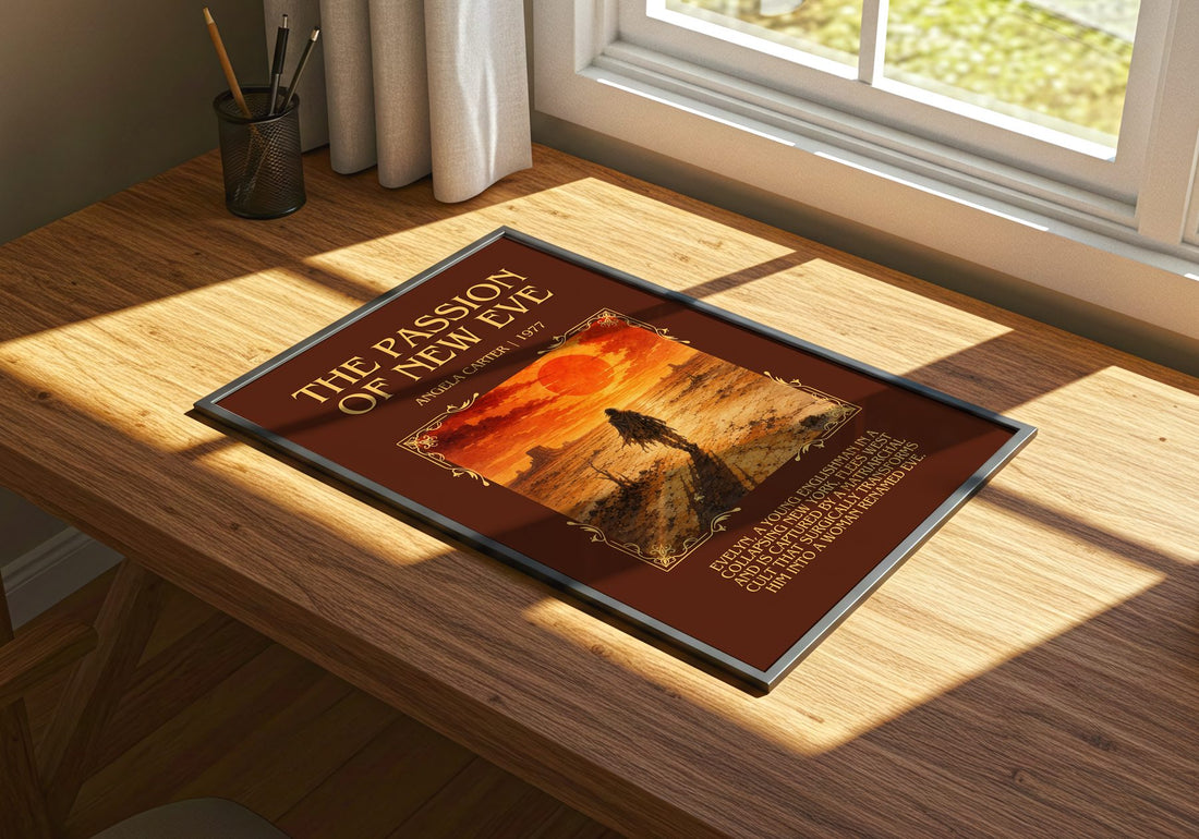 The Passion Of New Eve Minimalist Book Poster by Angela Carter – print on a sunlit desk