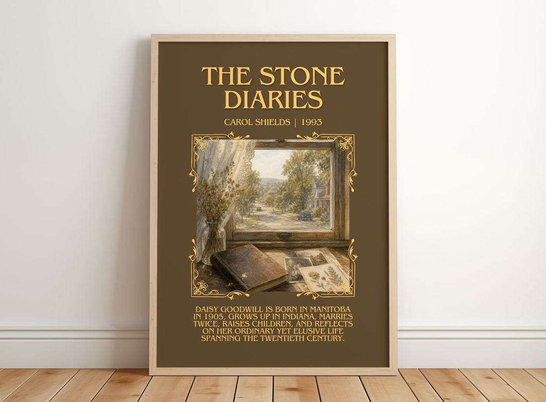 The Stone Diaries Minimalist Book Poster by Carol Shields – framed print leaning on a wooden floor