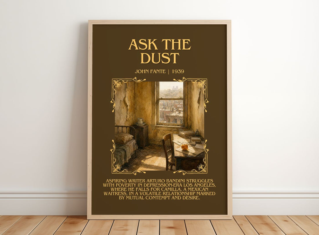 Ask The Dust Minimalist Book Poster by John Fante – framed print leaning on a wooden floor