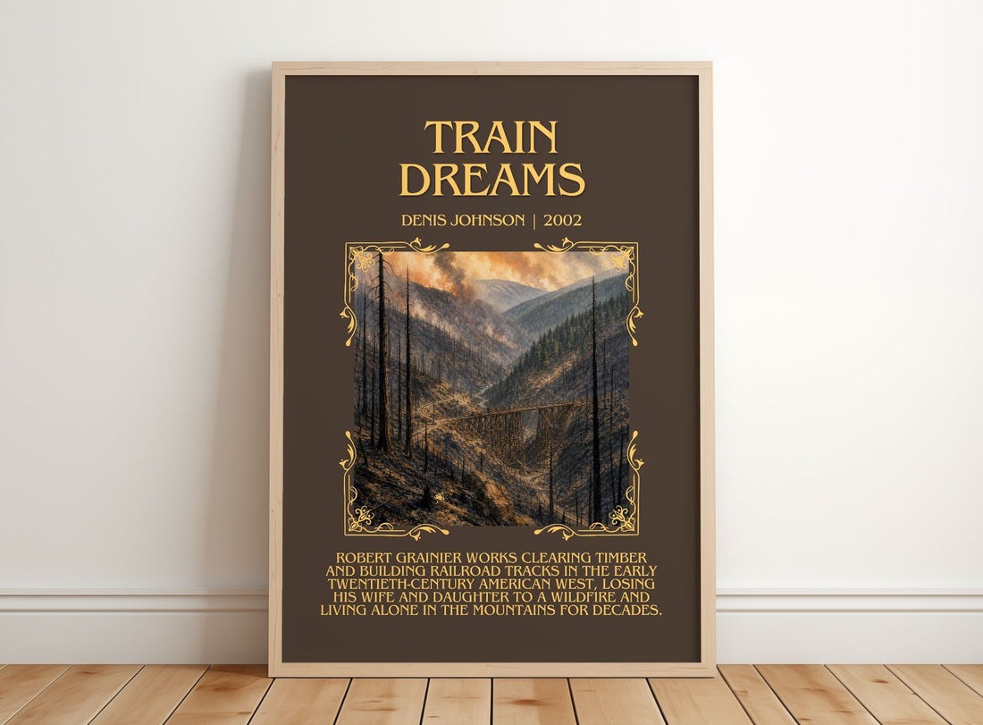 Train Dreams Minimalist Book Poster by Denis Johnson – framed print leaning on a wooden floor