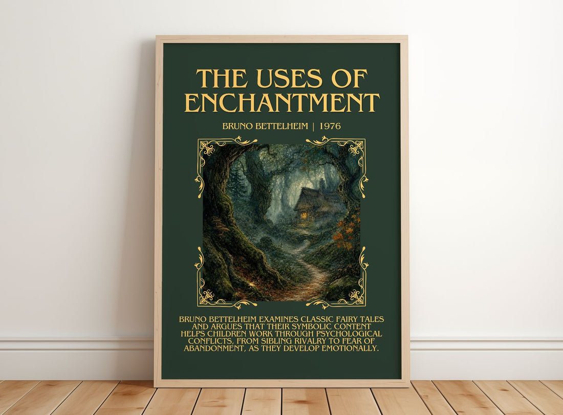 The Uses of Enchantment Minimalist Book Poster by Bruno Bettelheim – framed print leaning on a wooden floor