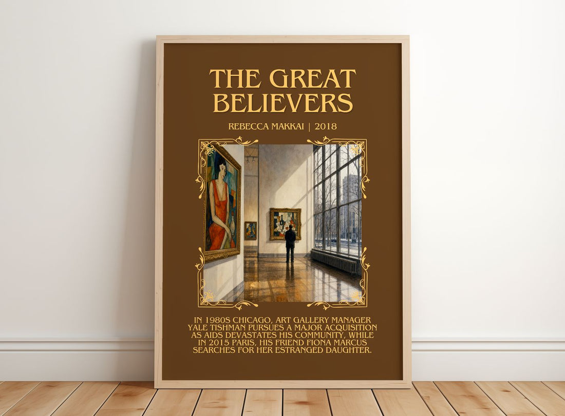 The Great Believers Minimalist Book Poster by Rebecca Makkai – framed print leaning on a wooden floor
