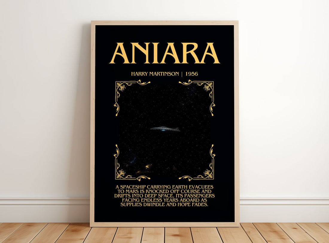 Aniara Minimalist Book Poster by Harry Martinson – framed print leaning on a wooden floor