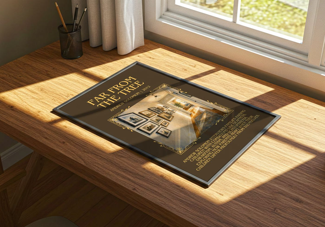 Far From the Tree Minimalist Book Poster by Andrew Solomon – print on a sunlit desk