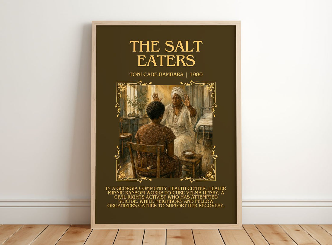 The Salt Eaters Minimalist Book Poster by Toni Cade Bambara – framed print leaning on a wooden floor