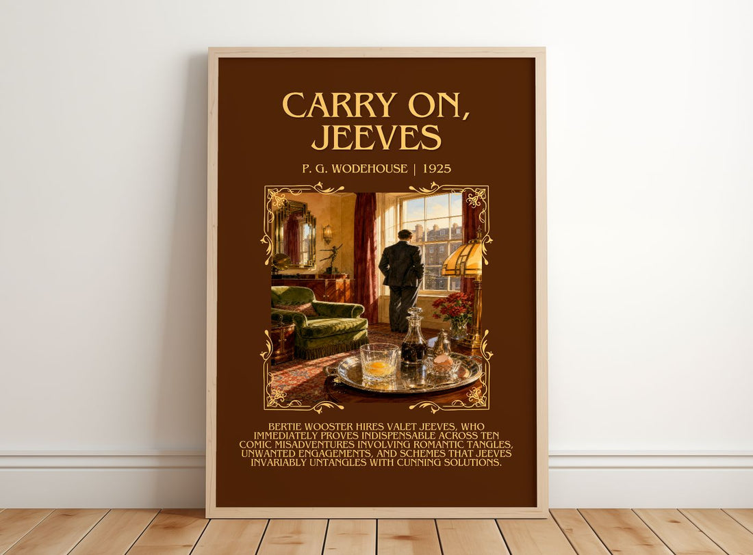 Carry On, Jeeves Minimalist Book Poster by P. G. Wodehouse – framed print leaning on a wooden floor