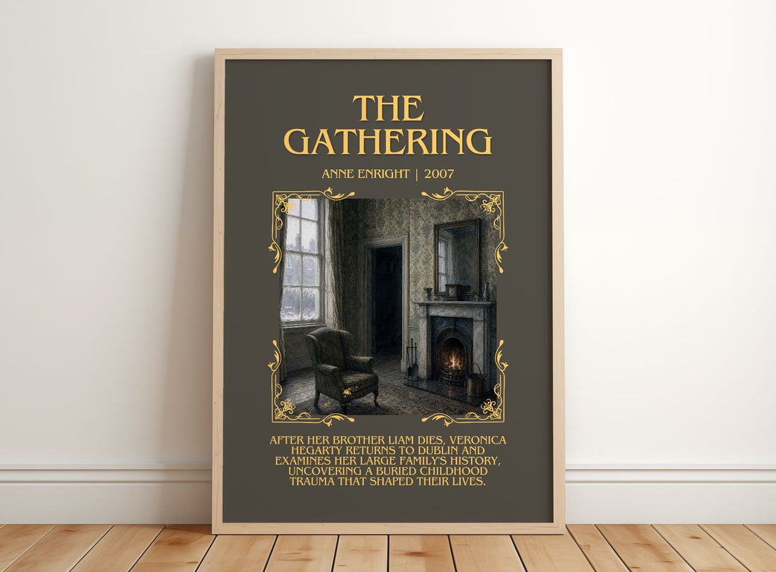 The Gathering Minimalist Book Poster by Anne Enright – framed print leaning on a wooden floor