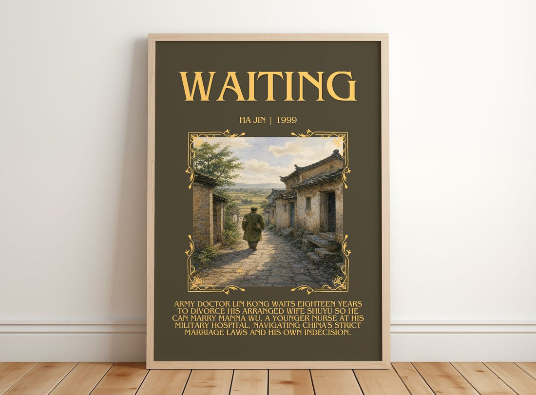 Waiting Minimalist Book Poster by Ha Jin – framed print leaning on a wooden floor