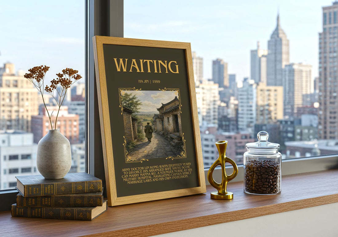 Waiting Minimalist Book Poster by Ha Jin – framed print on a city-view windowsill