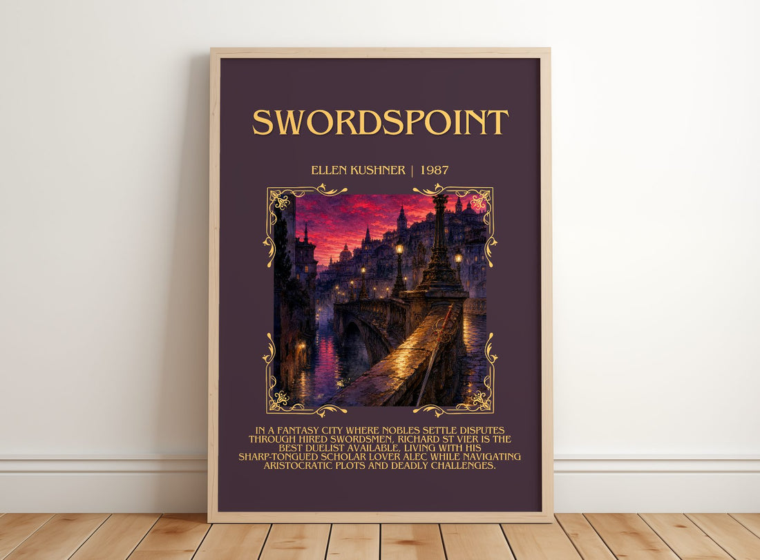 Swordspoint Minimalist Book Poster by Ellen Kushner – framed print leaning on a wooden floor