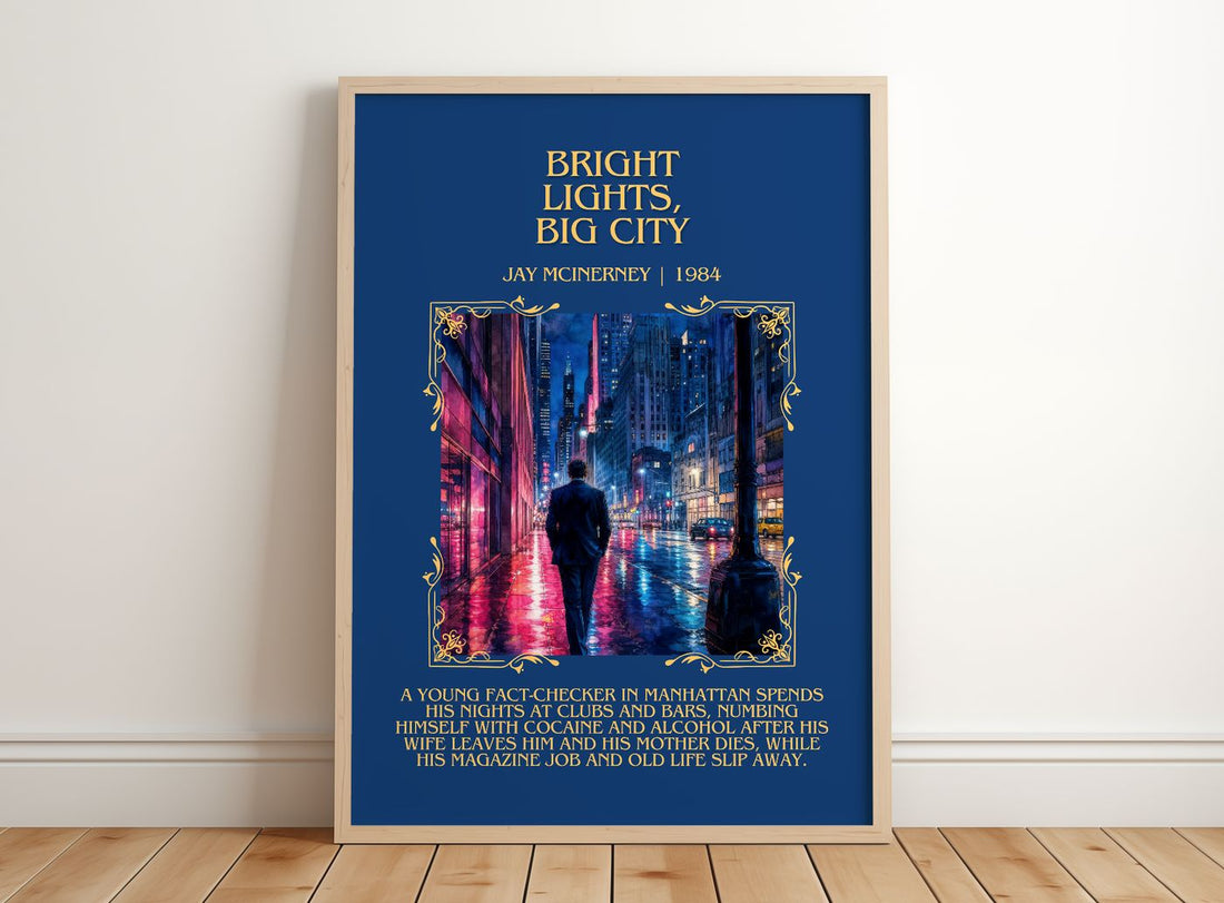 Bright Lights, Big City Minimalist Book Poster by Jay McInerney – framed print leaning on a wooden floor