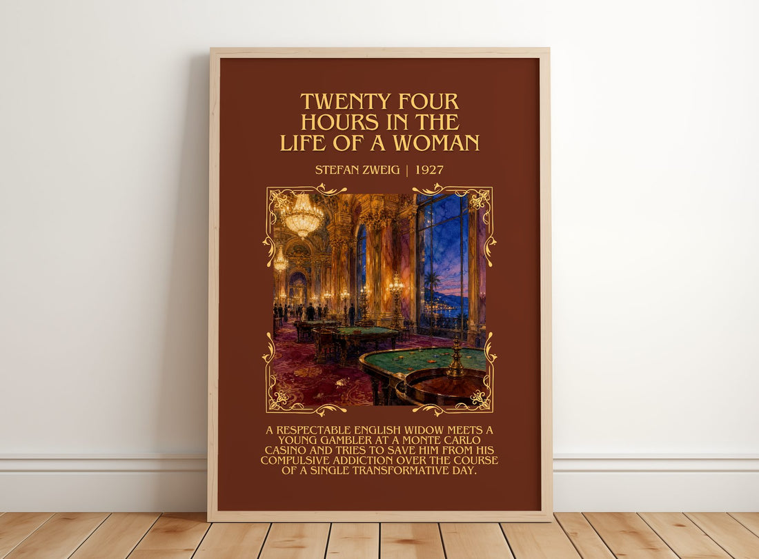 Twenty Four Hours In The Life Of A Woman Minimalist Book Poster by Stefan Zweig – framed print leaning on a wooden floor