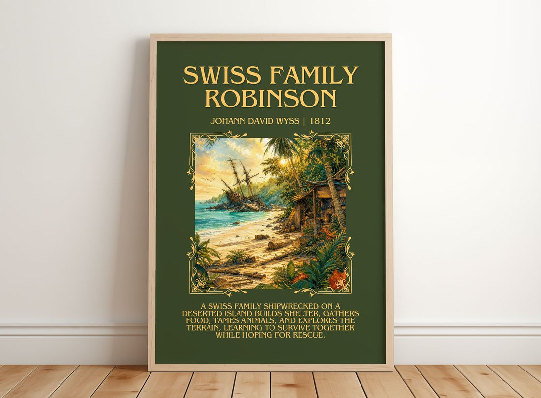 Swiss Family Robinson Minimalist Book Poster by Johann David Wyss – framed print leaning on a wooden floor
