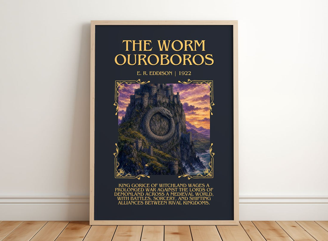 The Worm Ouroboros Minimalist Book Poster by E. R. Eddison – framed print leaning on a wooden floor