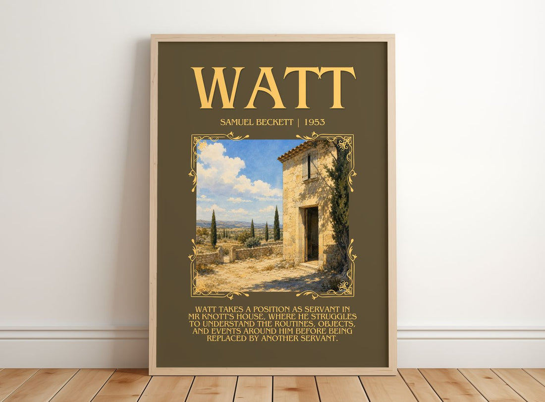 Watt Minimalist Book Poster by Samuel Beckett – framed print leaning on a wooden floor