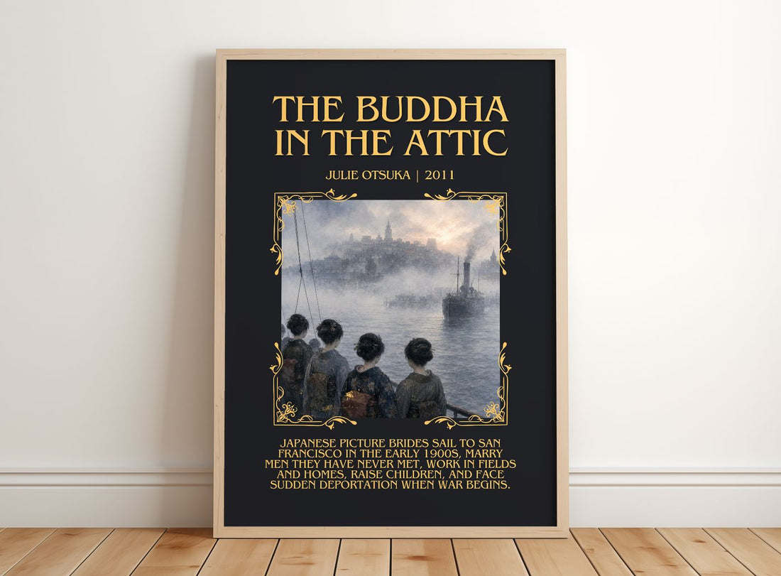 The Buddha in the Attic Minimalist Book Poster by Julie Otsuka – framed print leaning on a wooden floor