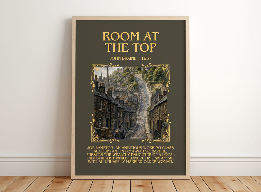 Room At The Top Minimalist Book Poster by John Braine – framed print leaning on a wooden floor
