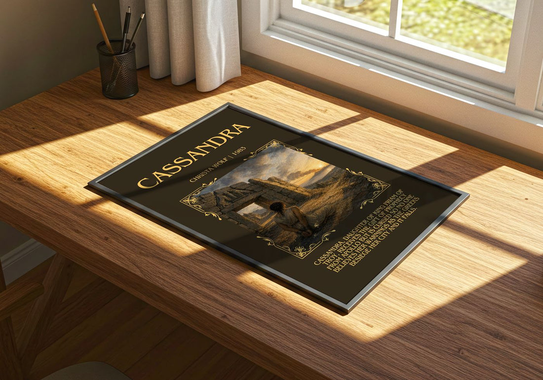 Cassandra Minimalist Book Poster by Christa Wolf – print on a sunlit desk