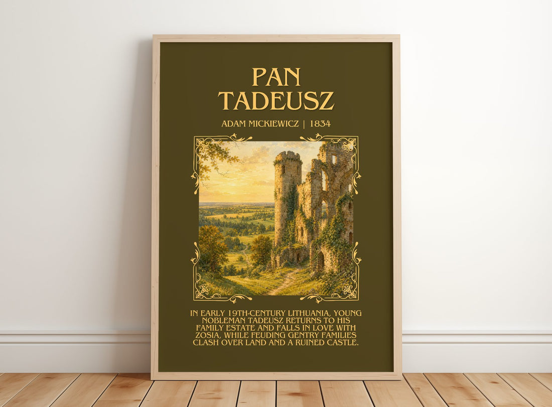 Pan Tadeusz Minimalist Book Poster by Adam Mickiewicz – framed print leaning on a wooden floor